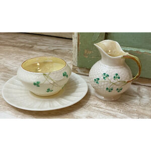 Vintage Belleek Porcelain Basket Weave Shamrock Sugar and Creamer